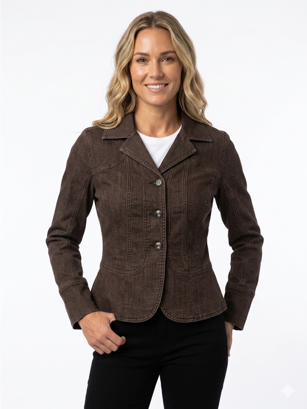 LIVE A LITTLE Brown Stretch Jean Jacket Blazer PS SP Petite Small EUC Y2K